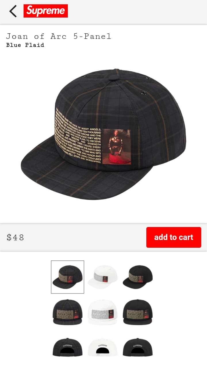 即日発送】Supreme Joan of Blue Arc 5-Panel Plaid キャップ